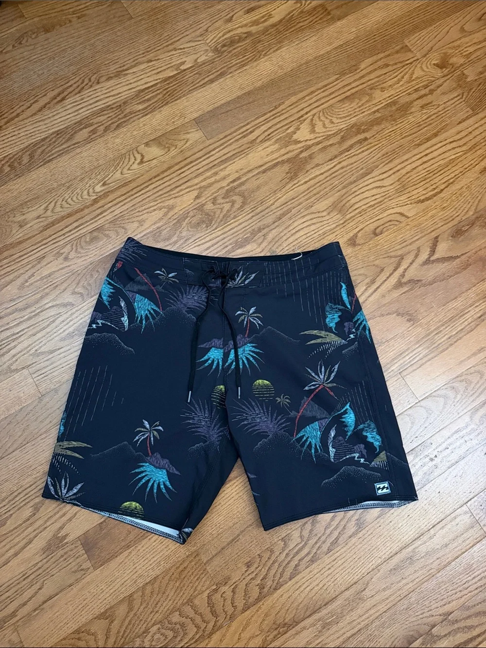 Billabong Black Boardshorts with Teal, Green & Purple Palm Print
